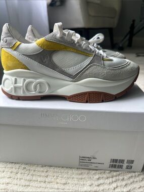 Jimmy Choo Gray, White & Yellow Suede Mesh Platform Sneakers